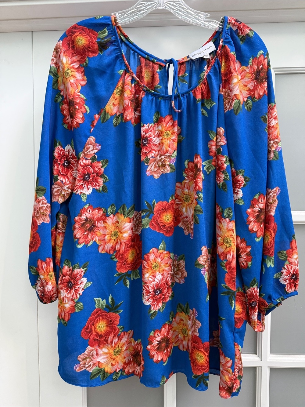 Gibson Latimer Royal Blue Floral Tie-Neck Peasant Tunic